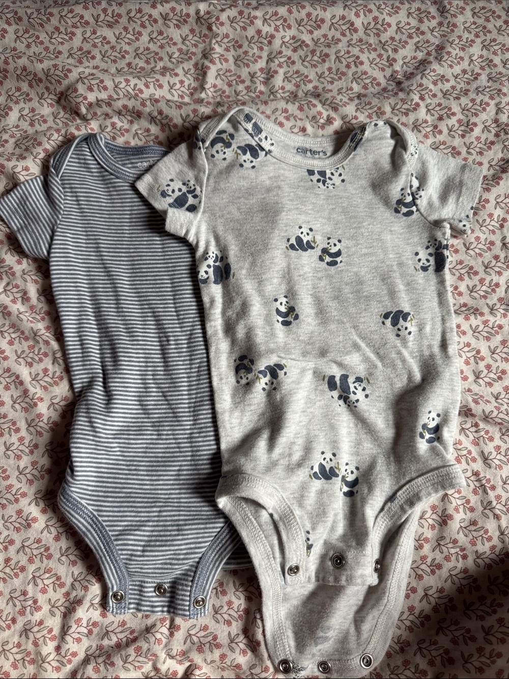 Carter's Grey Panda Print & Blue Stripe Baby Bodysuits - 2-Pack